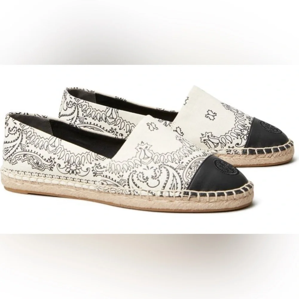 TORY BURCH IVORY AMERICANA BANDANA‎ COLOR BLOCK FLAT ESPADRILLE 7.5